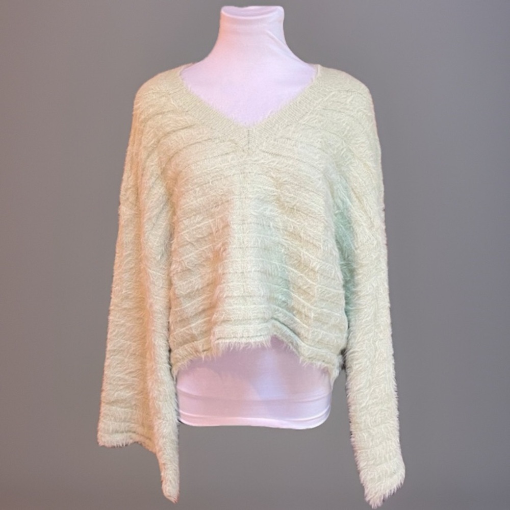 Soft Light Green Fuzzy Crop Bell Sleeve Sweater